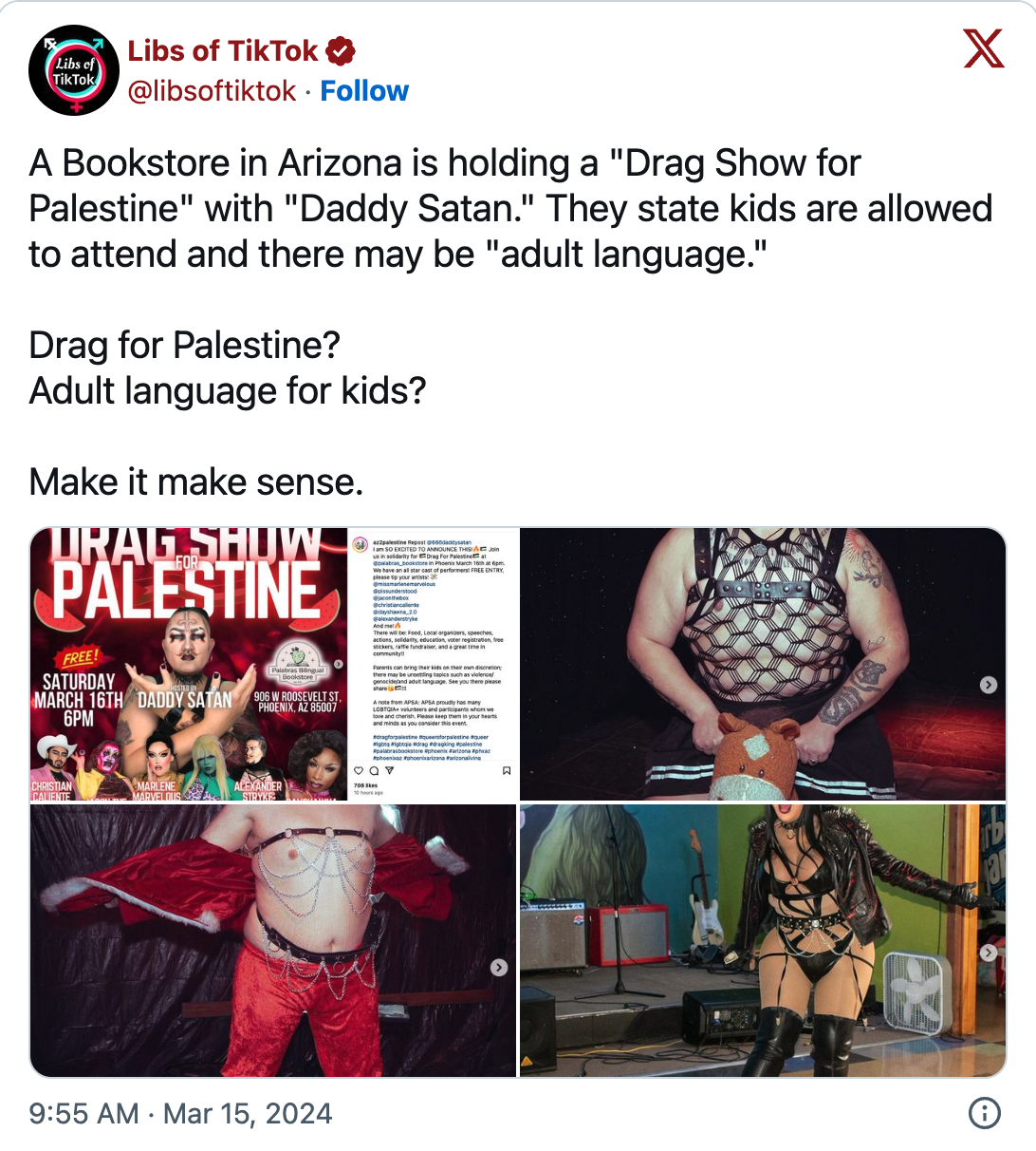 Libs of TikTok followers forced a drag fundraiser for Palestinean children to get cancelled.